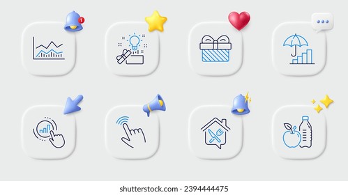 Healthy food, Inflation and Gift line icons. Buttons with 3d bell, chat speech, cursor. Pack of Food delivery, Trade infochart, Graph chart icon. Creative idea, Cursor pictogram. Vector