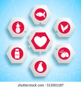 Healthy food infographic puzzle design with hexagons and red products icons useful for heart vector illustration