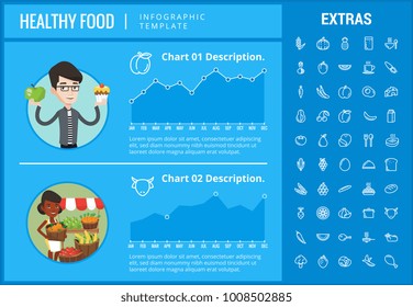 Healthy food infographic template, elements and icons. Infograph includes customizable graphs, charts, line icon set with food plate, restaurant meal ingredients, eat plan, fish, vegetables, meat etc.