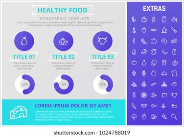 Plantilla de infografía de alimentos saludables, elementos e iconos. El Infograph incluye gráficos, gráficos, gráficos personalizables, juegos de iconos de línea con platos de comida, ingredientes para comidas en restaurantes, plan de comidas, pescado, verduras, carne, etc.