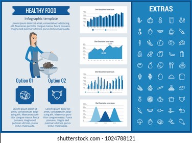 Healthy food infographic template, elements and icons. Infograph includes customizable graphs, charts, line icon set with food plate, restaurant meal ingredients, eat plan, fish, vegetables, meat etc.