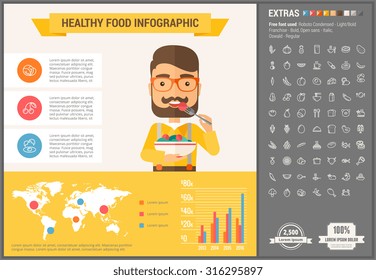 Healthy Food infographic template and elements. The template includes illustrations of hipster men and huge awesome set of thin line icons. Modern minimalistic flat vector design.