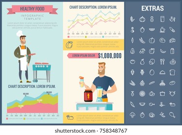 Plantilla de infografía de alimentos saludables, elementos e iconos. El Infograph incluye gráficos, gráficos, gráficos personalizables, juegos de iconos de línea con platos de comida, ingredientes para comidas en restaurantes, plan de comidas, pescado, verduras, carne, etc.
