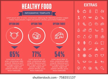 Healthy food infographic template, elements and icons. Infograph includes customizable graphs, three options, line icon set with food plate, restaurant meal ingredients, eat plan, vegetables, meat etc
