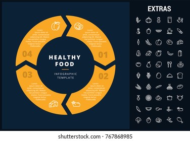 Healthy food infographic template, elements and icons. Infograph includes customizable circular diagram, line icon set with food plate, restaurant meal ingredients, eat plan, vegetables, meat etc.