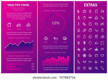 Plantilla de infografía de alimentos saludables, elementos e iconos. El Infograph incluye gráficos, gráficos, gráficos personalizables, juegos de iconos de línea con platos de comida, ingredientes para comidas en restaurantes, plan de comidas, pescado, verduras, carne, etc.