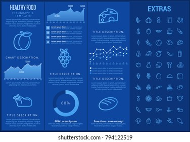 Healthy food infographic template, elements and icons. Infograph includes customizable graphs, charts, line icon set with food plate, restaurant meal ingredients, eat plan, fish, vegetables, meat etc.