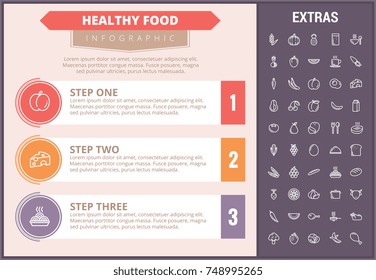 Healthy food infographic timeline template, elements and icons. Infograph includes step number options, line icon set with food plate, restaurant meal ingredients, eat plan, fish, vegetables, meat etc