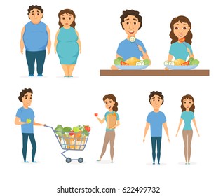 Healthy Food Infographics. Couple Lifestyle Concept. Nutrition, Diet Or Junk Eating. Smile Man And Women Shopping. Slim And Overweight Fat People