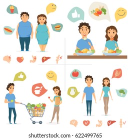 Healthy food infographics. Couple lifestyle concept. Nutrition, diet and junk eating, human organ chart. Smile man and women shopping. Slim and overweight fat people