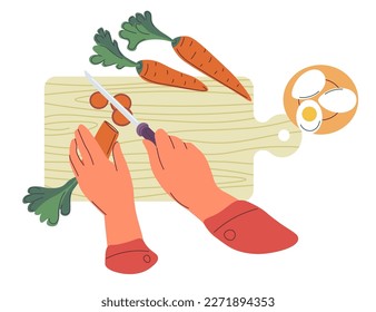 Healthy food and ingredients in menu, isolated hands cutting carrots. Preparing tasty breakfast or dinner, lunch or supper. Eating and keeping diet, nourishment and nutrition. Vector in flat style