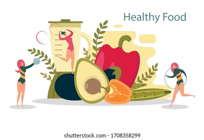 Healthy Food for Inner Ease, Graceful Gymnast. Large Vegetable Mountain, Bell Pepper, Peas, Avocado, Eggplant and Mixer. Woman Athlete Perform Exercise with Hula Hoop, Ball and Satin Ribbon.