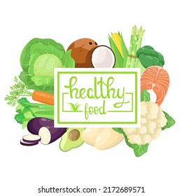 Healthy food. Inscription on the background of products. Cartoon design.
