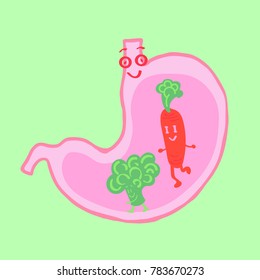 Healthy food inside the stomach. Stomach is happy with good food. Cartoon carrots and broccoli pacing the stomach.