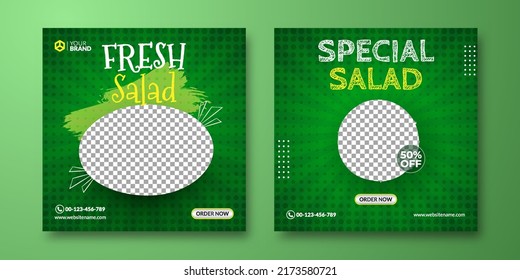 Healthy Food Instagram Posts Template. Fresh Salad Social Media Background. Green Background For Banner Advertising