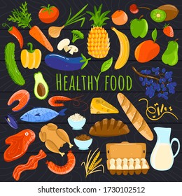 Healthy food isolated icons, fresh organic products, cartoon fruits and vegetables, vector illustration. Seafood and meat, dairy and bread in hand drawn set. Health lifestyle diet food assortment