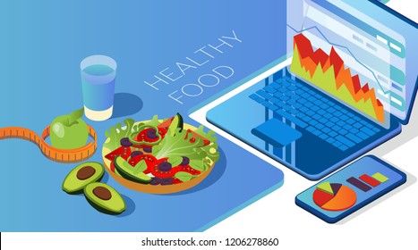Healthy food in isometric. Mobile application for counting calories. Seasonal vegetables and fruits. Laptop with graphs on a white background