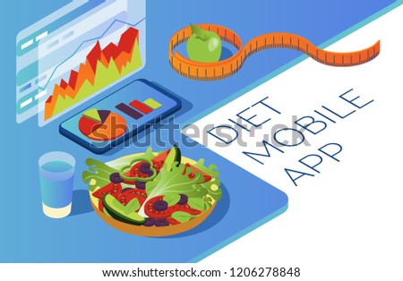 Healthy food in isometric. Mobile application for counting calories. Seasonal vegetables and fruits. Smartphone with graphs on a white background