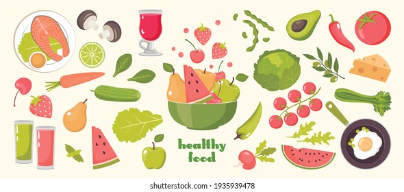 Healthy Food Items set: Avocado, celery, cucumber, tomato, carrot, Berry, apple, pear, watermelon. Vector, isolated.