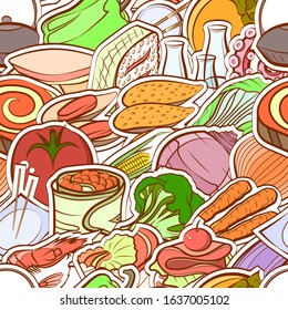 Healthy food, Japanese food, Seafood and Snacks pattern. Background for printing, design, web. Seamless. Colored.