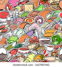 Healthy food, Japanese food, Seafood and Snacks pattern. Background for printing, design, web. Seamless. Colored.