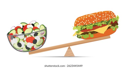 Comida saudável e equilíbrio de junk food em escala. Equilíbrio saudável vs junk food - hambúrguer e salada na gangorra de madeira. Ilustração vetorial