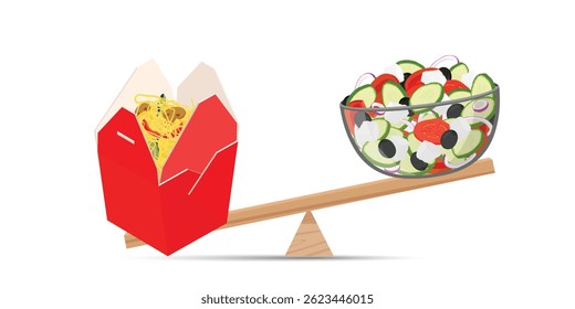 Comida saudável e equilíbrio de junk food em escala. Equilíbrio saudável vs junk food - macarrão de trabalho e salada em gangorra de madeira. Ilustração vetorial