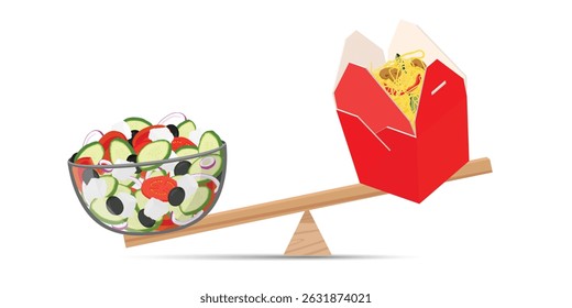 Comida saudável e equilíbrio de junk food em escala. Equilíbrio saudável vs junk food - macarrão de trabalho e salada em gangorra de madeira. Ilustração vetorial