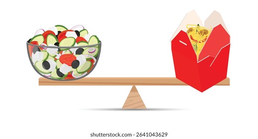 Healthy food and junk food balance on scale. Healthy vs junk food balance – wok noodles and salad on wooden seesaw. Vector illustration