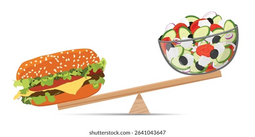 Healthy food and junk food balance on scale. Healthy vs junk food balance – burger and salad on wooden seesaw. Vector illustration