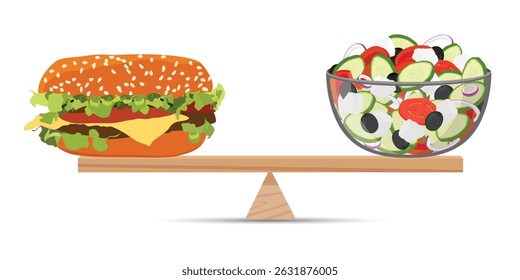 Comida saudável e junk food balança equilibrada. Equilíbrio saudável vs junk food - hambúrguer e salada na gangorra de madeira. Ilustração vetorial