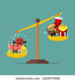 Healthy food and junk food balancing on scales. healthy lifestyle concept