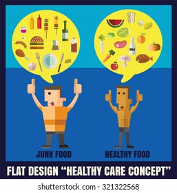 healthy food and junk food ,character flat design illustration