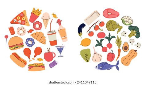 Healthy food and junk food concept in flat style. Comparison. Balanced food. Vegetables, fish, meat, fruits for healthy eating and diet and fast food burgers, pies, pizza, candy, cake, soda, donuts