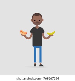 Healthy food or junk food: Young character deciding what to choose as a snack. Flat editable vector illustration, clip art