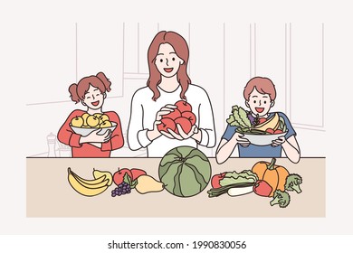 Healthy food for kids and family concept. Happy smiling mother daughter and little son cartoon characters standing preparing healthy smoothie in kitchen vector illustration 