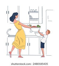 Comida saludable en concepto de cocina. Mujer dar tazón con ensalada al niño. Madre e hijo con nutrición y dieta adecuadas. Productos naturales y orgánicos con vitaminas. Ilustración vectorial lineal plana