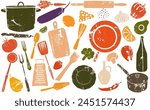 Healthy Food and Kitchen Utensils  Set. Cooking art. Grunge colorful icons collection isolated on white background. Vector culinary  illustration.