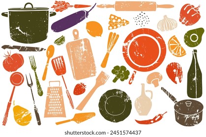 Healthy Food and Kitchen Utensils  Set. Cooking art. Grunge colorful icons collection isolated on white background. Vector culinary  illustration.