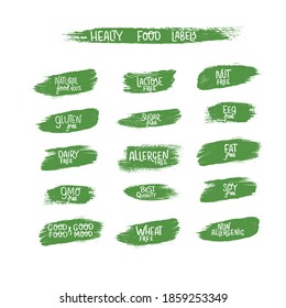 Healthy food label on brush strokes for organic, eco, natural product. Set vector stock illustration isolated on white background.