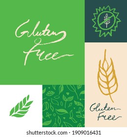 Healthy food label set, organic food packaging, healthy eating banner. Gluten free icon vector, hand-drawn lettering gluten-free logo, handwritten text vegan gluten badge. Rye image and cereal symbol.