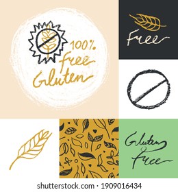 Healthy food label set, organic food packaging, healthy eating banner. Gluten free icon vector, hand-drawn lettering gluten-free logo, handwritten text vegan gluten badge. Rye image and cereal symbol.