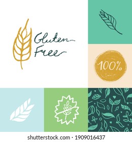 Healthy food label set, organic food packaging, healthy eating banner. Gluten free icon vector, hand-drawn lettering gluten-free logo, handwritten text vegan gluten badge. Rye image and cereal symbol.