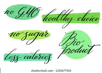 Healthy food label set. Product labels or stickers. No GMO, healthy choice, no sugar, less calories and bio product tags. Hand written words by brush on green backgrounds. svg