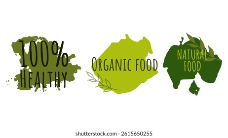 Healthy food labels badges logos Eco stickers. For farmer market eco food vegetarian menu food package. Ecology friendly design. Organic Food, Vegan, Farm Fresh, Natural Product. Vector illustration.