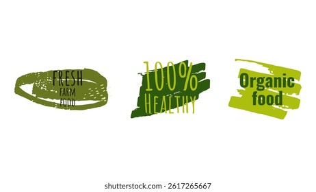 Healthy food labels badges logos Eco stickers. For farmer market eco food vegetarian menu food package. Ecology friendly design. Organic Food, Vegan, Farm Fresh, Natural Product. Vector illustration.