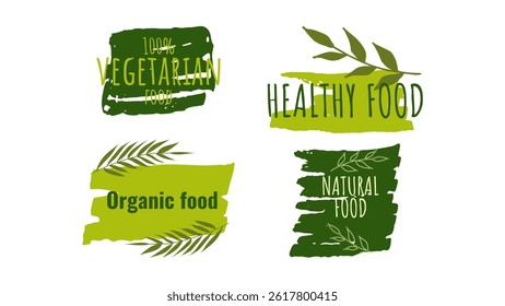 Healthy food labels badges logos Eco stickers. For farmer market eco food vegetarian menu food package. Ecology friendly design. Organic Food, Vegan, Farm Fresh, Natural Product. Vector illustration.