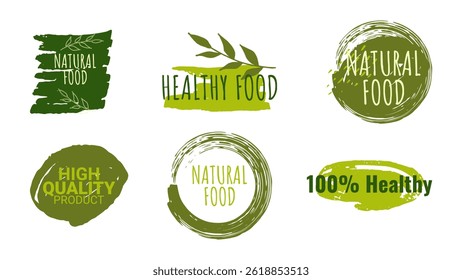 Healthy food labels badges logos Eco stickers. For farmer market eco food vegetarian menu food package. Ecology friendly design. Organic Food, Vegan, Farm Fresh, Natural Product. Vector illustration.