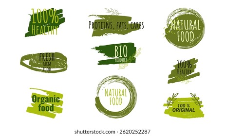 Healthy food labels badges logos Eco stickers. For farmer market eco food vegetarian menu food package. Ecology friendly design. Organic Food, Vegan, Farm Fresh, Natural Product. Vector illustration.