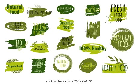 Healthy food labels badges logos Eco stickers. For farmer market eco food vegetarian menu food package. Ecology friendly design. Organic Food, Vegan, Farm Fresh, Natural Product. Vector illustration.
